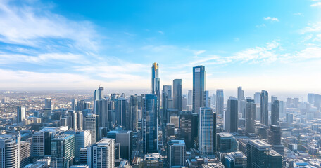 Fototapeta premium Aerial View of City Skyline and Skyscrapers Under Blue Sky and White Clouds