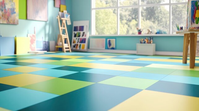 An artist's studio with colorful vinyl flooring, each tile in a different shade of blue, green, and yellow, forming a vibrant patchwork design.