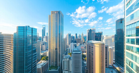 Obraz premium Aerial View of City Skyline and Skyscrapers Under Blue Sky and White Clouds