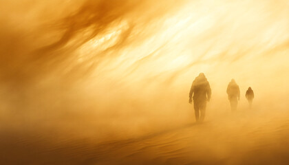 Fototapeta premium Capture people walking through a desert during a mild sandstorm, using the wind-blown sand to obscure parts of their bodies and faces for a raw, elemental atmosphere