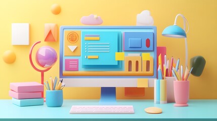Web UI-UX design, SEO optimization marketing. Studying at home, online education at the university. Web building and cooperation meeting. 3d render illustration. 