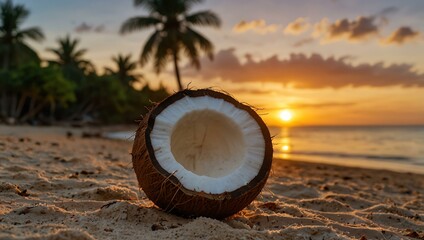Coconut on tropical beach at sunset