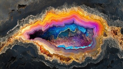 Cross-section of a geode with vibrant, multicolored mineral layers exposed