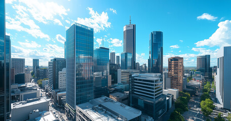 Fototapeta premium Aerial View of City Skyline and Skyscrapers Under Blue Sky and White Clouds