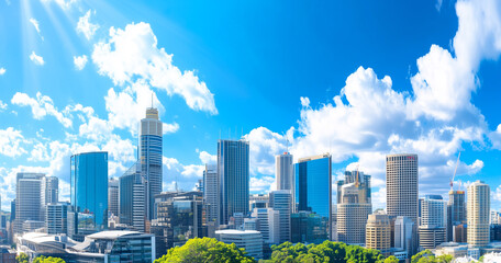 Fototapeta premium Aerial View of City Skyline and Skyscrapers Under Blue Sky and White Clouds
