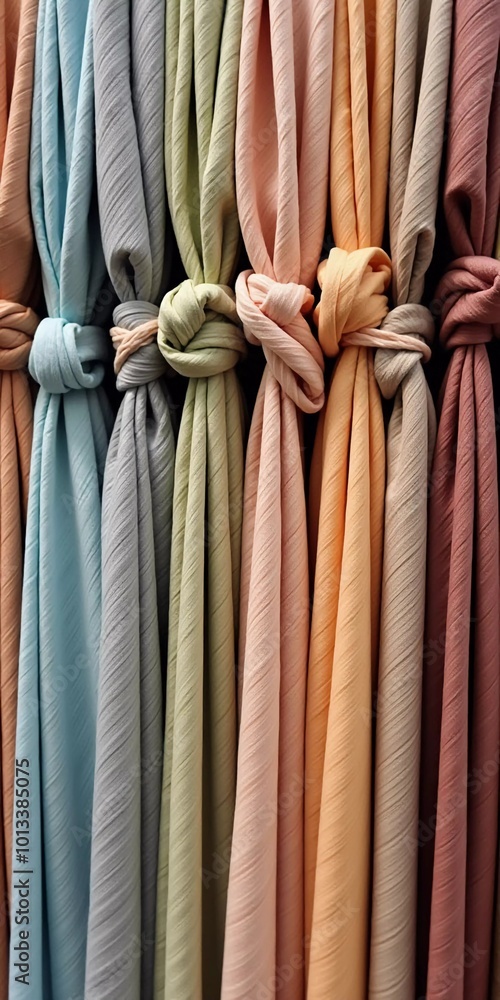 Poster intricately tied curtain knots hang gracefully in a textile shop, displaying a vibrant array of colo