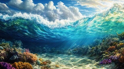 Crystal-clear ocean waves breaking over a coral reef, revealing vibrant marine life below