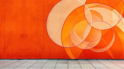Abstract geometric line art of interconnected circles on a bright orange wall, giving a sense of balance and harmony.