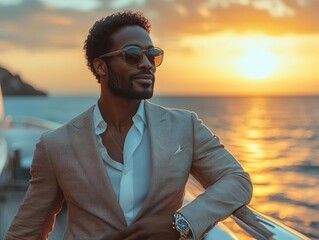 elegant black african american businessman exuding confidence and success dressed sharply standing proudly on a luxury yacht the sun glistening on the water embodying a lifestyle of abundance