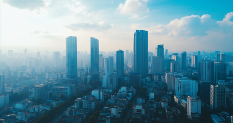Fototapeta premium Aerial View of City Skyline and Skyscrapers Under Blue Sky and White Clouds