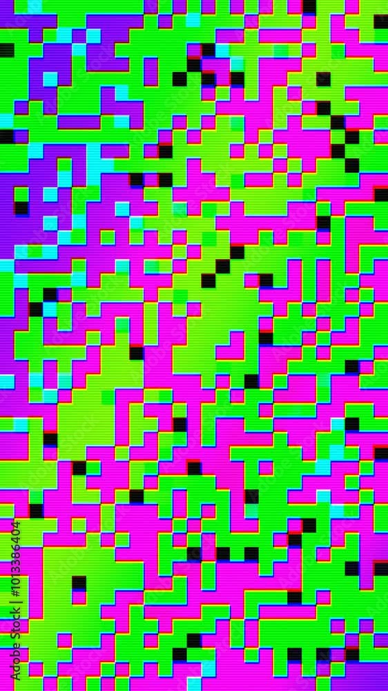 Poster abstract pixel retro 8bit neon chaotic lo-fi flowing rainbow video game glitch noise texture, square