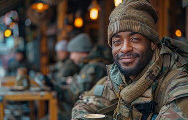 Fototapeta premium military personnel in a hipster coffee shop drinking coffee. sunny day