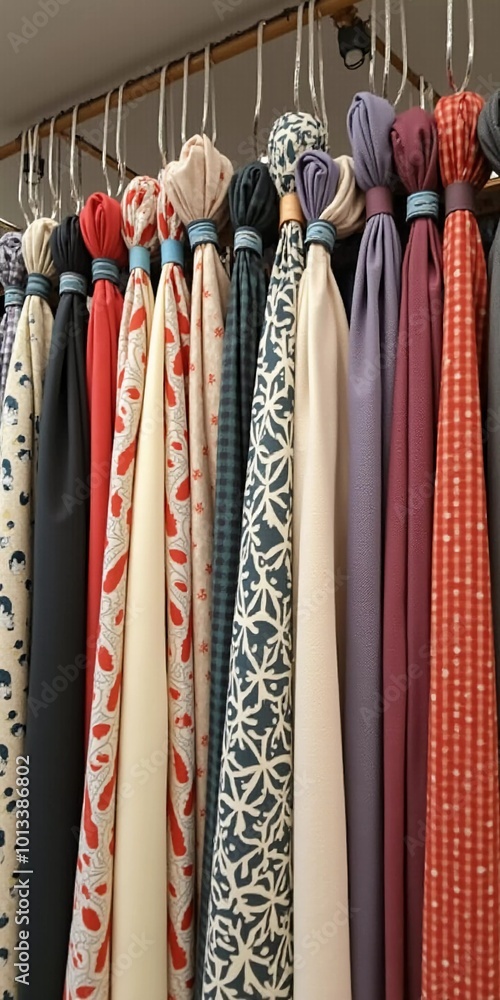 Poster intricately tied curtain knots hang gracefully in a textile shop, displaying a vibrant array of colo