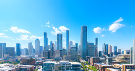 Fototapeta premium Aerial View of City Skyline and Skyscrapers Under Blue Sky and White Clouds