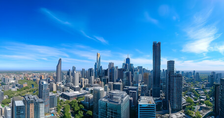 Fototapeta premium Aerial View of City Skyline and Skyscrapers Under Blue Sky and White Clouds