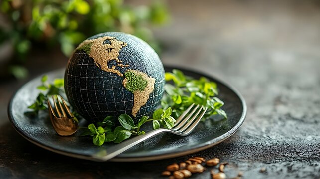 A globe sits on a plate with a fork, representing the idea of consuming the Earth's resources.