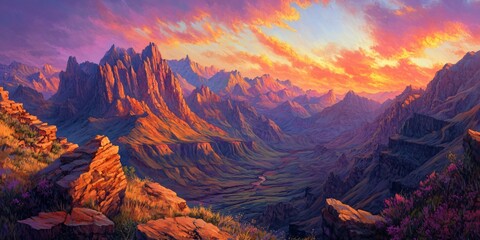 A stunning sunset casts a warm glow over a vast mountain range. The rugged peaks and canyons create a dramatic and awe-inspiring landscape.