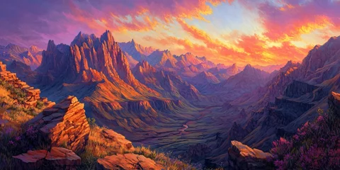 Tableau sur toile Coucher de soleil A stunning sunset casts a warm glow over a vast mountain range. The rugged peaks and canyons create a dramatic and awe-inspiring landscape.  © Wish Craft Arts