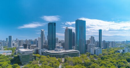 Obraz premium Aerial View of City Skyline and Skyscrapers Under Blue Sky and White Clouds