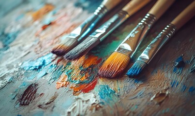 Fototapeta premium paint brushes with traces of colorful paint, Generative AI 