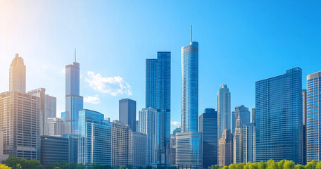 Fototapeta premium Aerial View of City Skyline and Skyscrapers Under Blue Sky and White Clouds