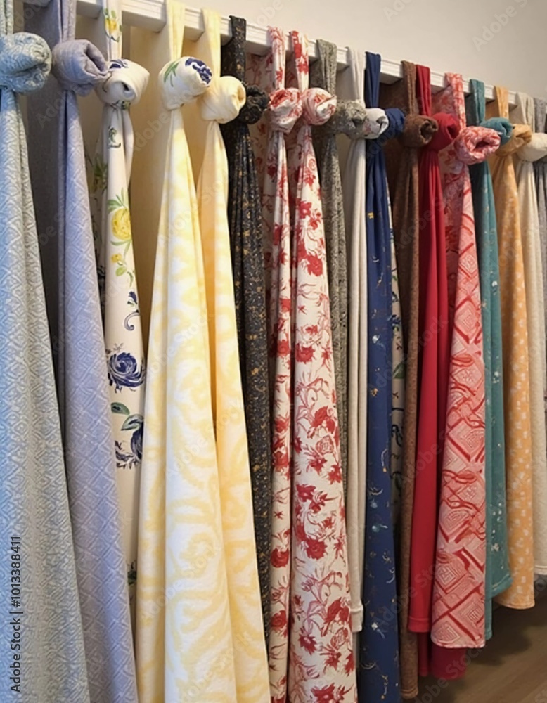 Poster intricately tied curtain knots hang gracefully in a textile shop, displaying a vibrant array of colo