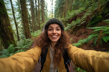 Naklejka premium Selfie in Morning Forest Adventure