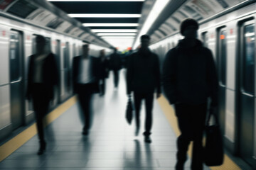 fast movement on the subway, blurry figures of passengers and bright lights of the station, creating a dynamic atmosphere of city life