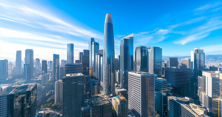 Aerial View of City Skyline and Skyscrapers Under Blue Sky and White Clouds