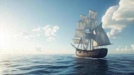 Big ship in ocean with blue sky and clouds