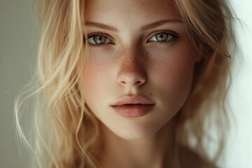 Graceful fair-haired lady with brown eyes in front of a soft background