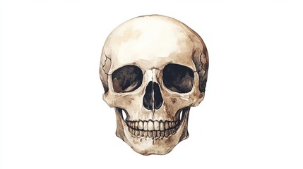 Vintage Mystical Watercolor Illustration of a Human Skull on White Background: Detailed Anatomical Skeleton Bone Decor for Halloween and Gothic Themed Art