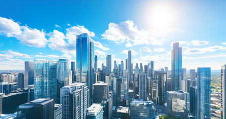 Aerial View of City Skyline and Skyscrapers Under Blue Sky and White Clouds