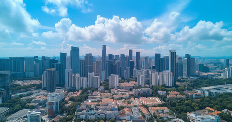 Fototapeta premium Aerial View of City Skyline and Skyscrapers Under Blue Sky and White Clouds