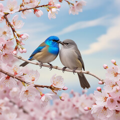 Two birds perched on a branch with pink blossoms