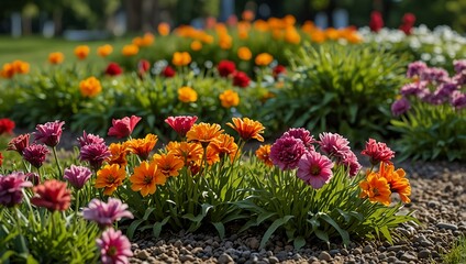 Colorful flower bed with blooms and green grass in the background.