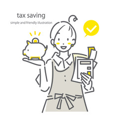 しっかり節税する自営業の女性　　シンプルでお洒落な線画イラスト
