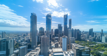 Obraz premium Aerial View of City Skyline and Skyscrapers Under Blue Sky and White Clouds