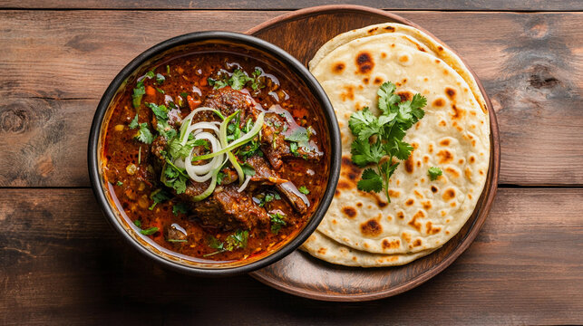 Spicy goat curry with roti top view 