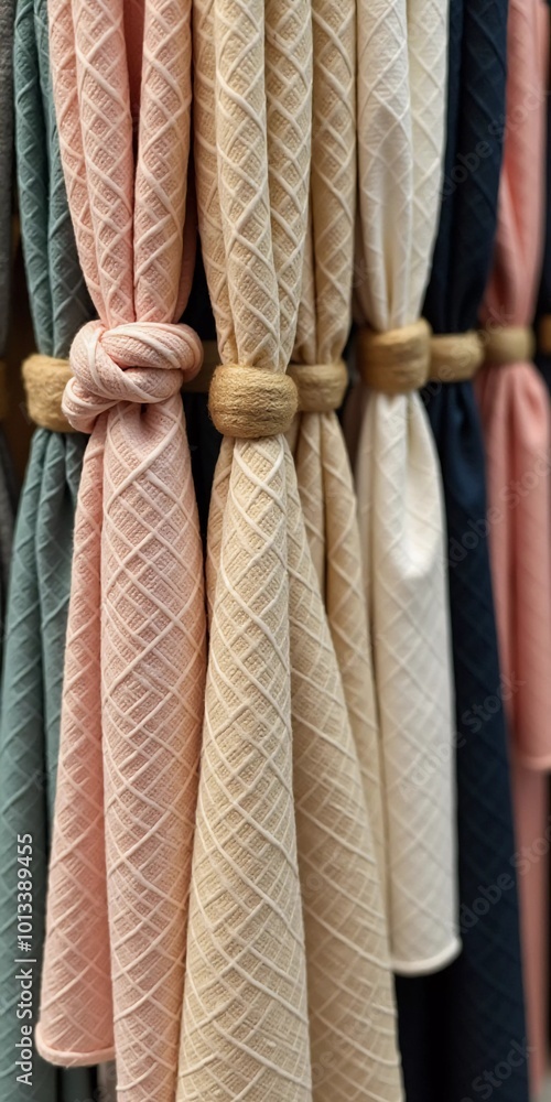 Poster intricately tied curtain knots hang gracefully in a textile shop, displaying a vibrant array of colo