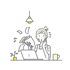 確定申告にストレスを抱える主婦　シンプルでお洒落な線画イラスト