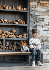 Smiling boy sitting with dog