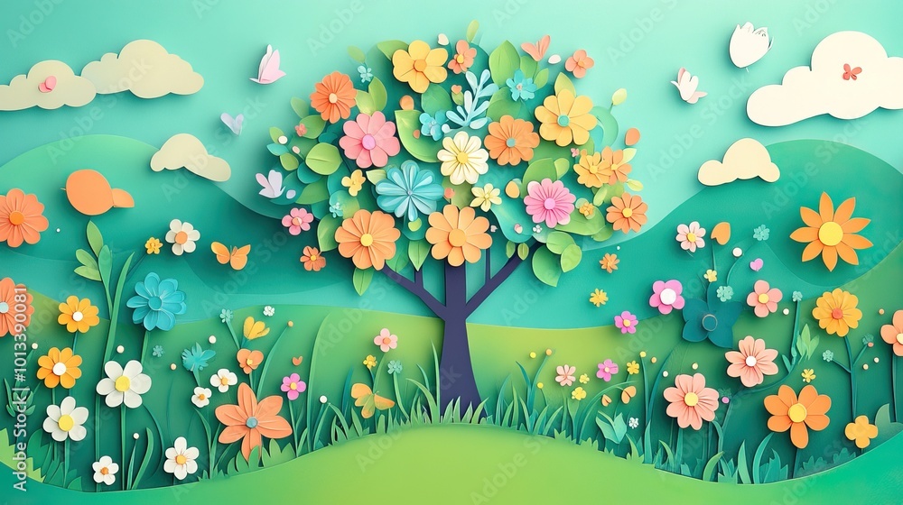 Poster blossoming spring flowers on a tree in a park setting spring flowers blooming on a tree in a park