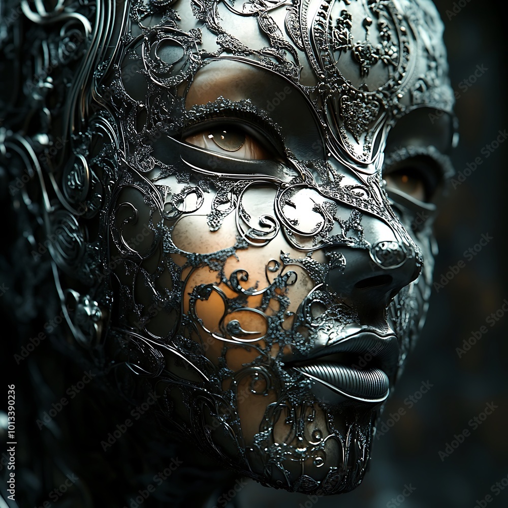 Poster elaborate metal mask with intricate lattice patterns on deep dark background image