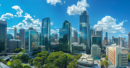 Obraz premium Aerial View of City Skyline and Skyscrapers Under Blue Sky and White Clouds