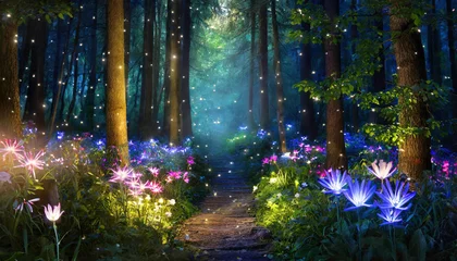 Fototapete Rund Enchanted forest path with glowing flowers © marcorubino