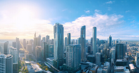 Aerial View of City Skyline and Skyscrapers Under Blue Sky and White Clouds