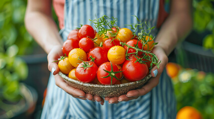 Woman farmer holding bowl of freshly picked red and yellow tomatoes
