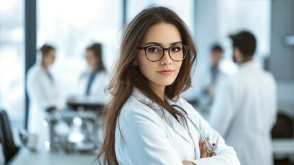 Portrait a beautiful young woman wearing a white coat and glasses in a modern Medical Science Laboratory with a team of specialists in the background. Portrait of a confident scientist working.