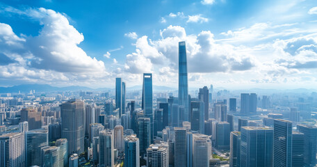 Aerial View of City Skyline and Skyscrapers Under Blue Sky and White Clouds